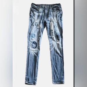 PRPS Windsor Stretch Indigo Blue Fade Destressed Parchwork Slim Fit Size 34